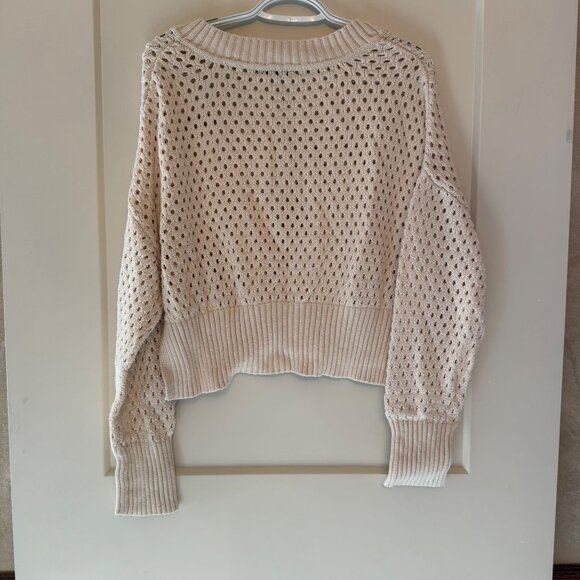 Dynamite P/S Open-Knit V-Neck Cropped Sweater Beige 100% Cotton Long Sleeve - Picture 6 of 9